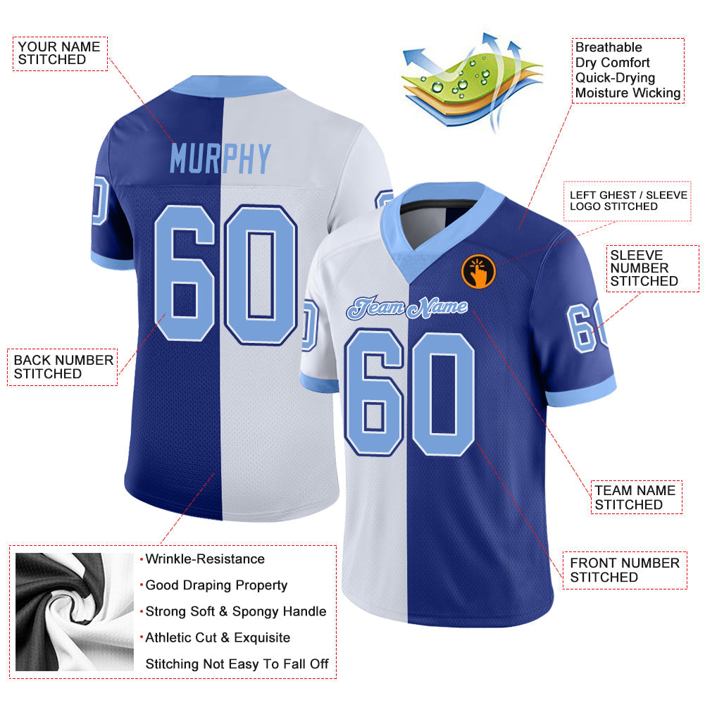 Custom Royal Light Blue-White Split Fashion Football Jersey