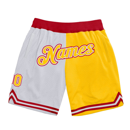 Custom White Gold-Red Authentic Throwback Split Fashion Basketball Shorts