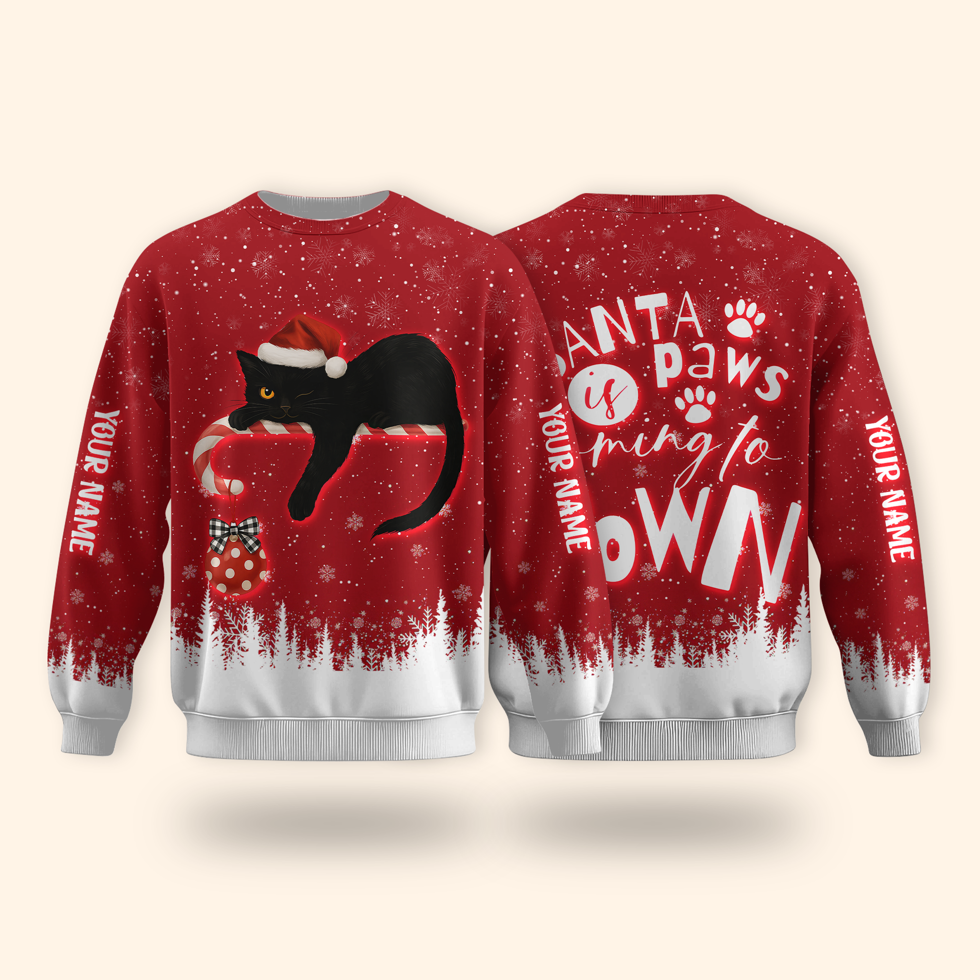 Personalized Cat Christmas Hoodie – Santa Paws Is Coming to Town, Custom Name Gift, Custom Choo