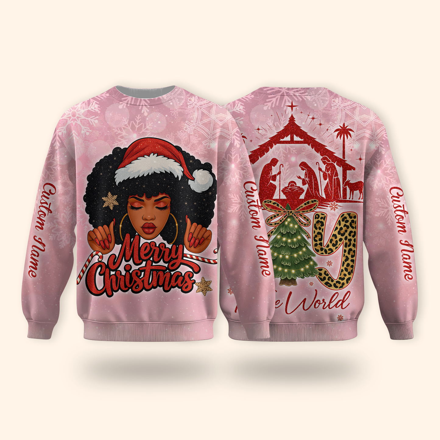 Christian Christmas Hoodie – Joy To The World, Black Girl Santa Zip Up, Custom Name Holiday Hoodie