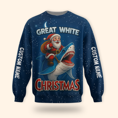 Santa Shark Hoodie – Great White Christmas Zip Up, Funny Holiday Hoodie, Custom Name Blue Ocean Design