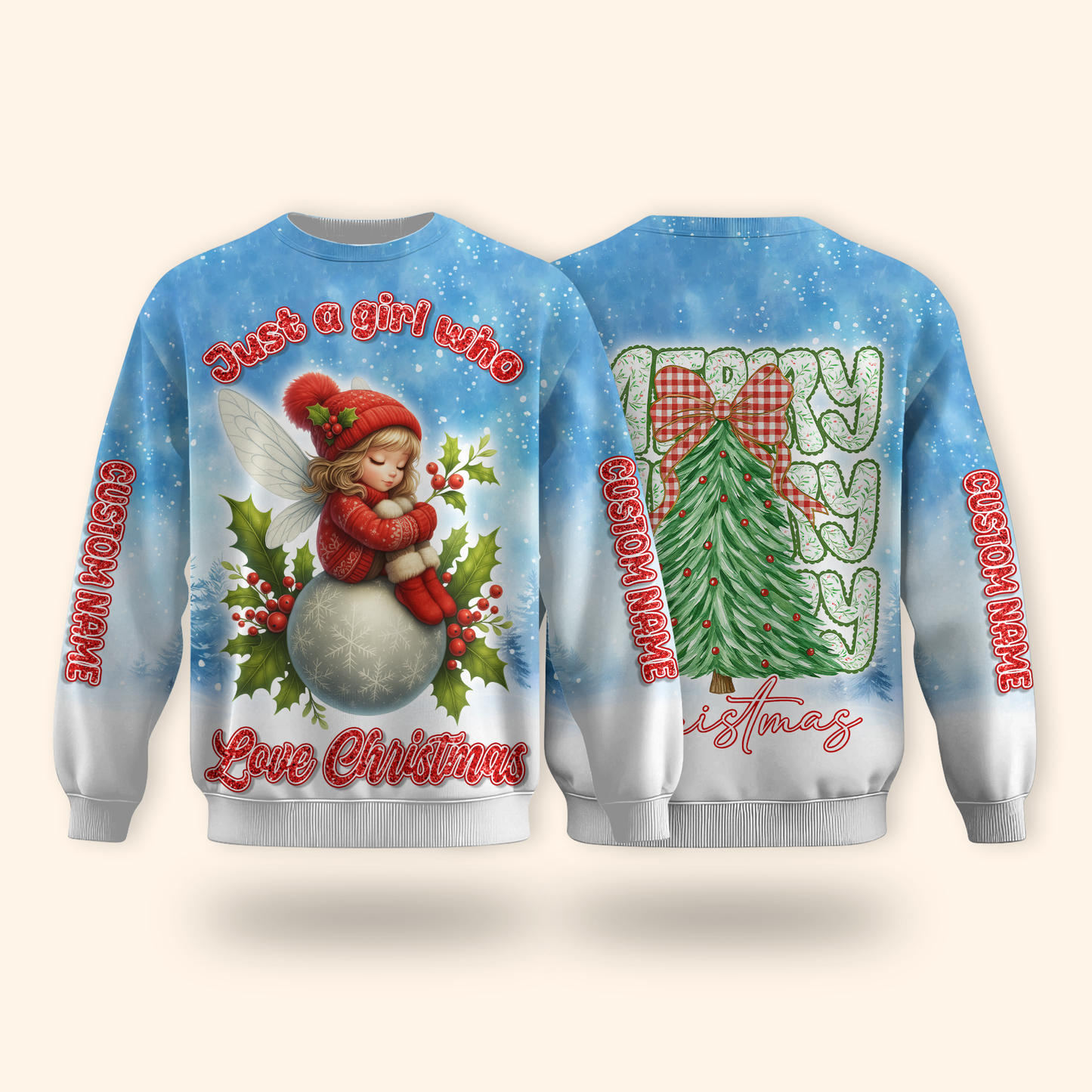 Custom Name Christmas Hoodie – Cute Fairy Snowball Zip Up, Just a Girl Who Loves Christmas Design