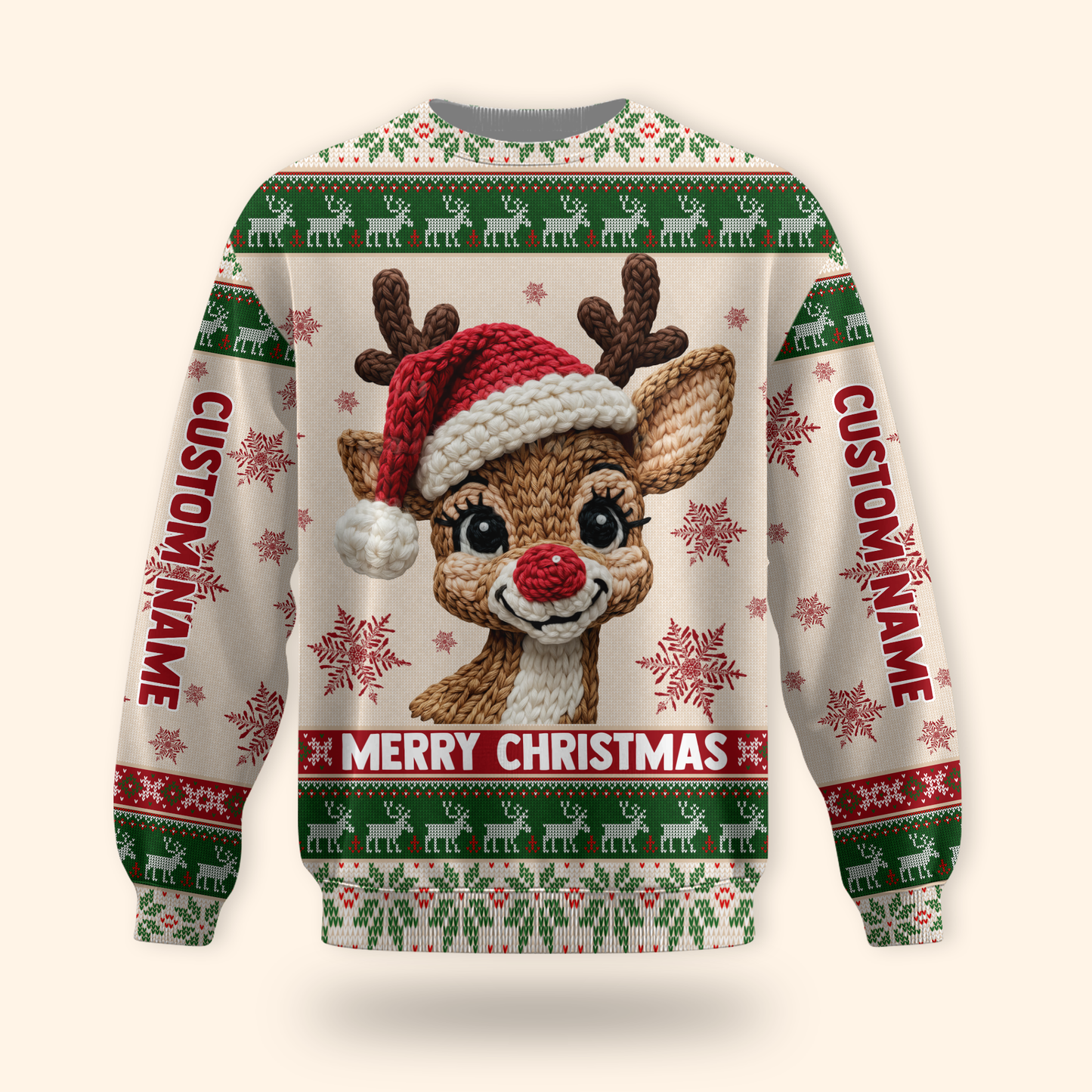 Reindeer Merry Christmas Hoodie – Cute Knitted Pattern Zip Up Holiday Sweater