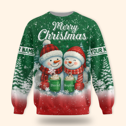 Personalized Snowman Couple Christmas Hoodie – Cute Merry Christmas Zip Up, Custom Name Gift, Custom Choo