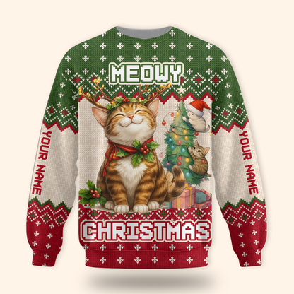 Personalized Merry Christmas Cat Hoodie – Cute Holiday Zip Up, Custom Name Gift for Cat Lovers, Custom Choo