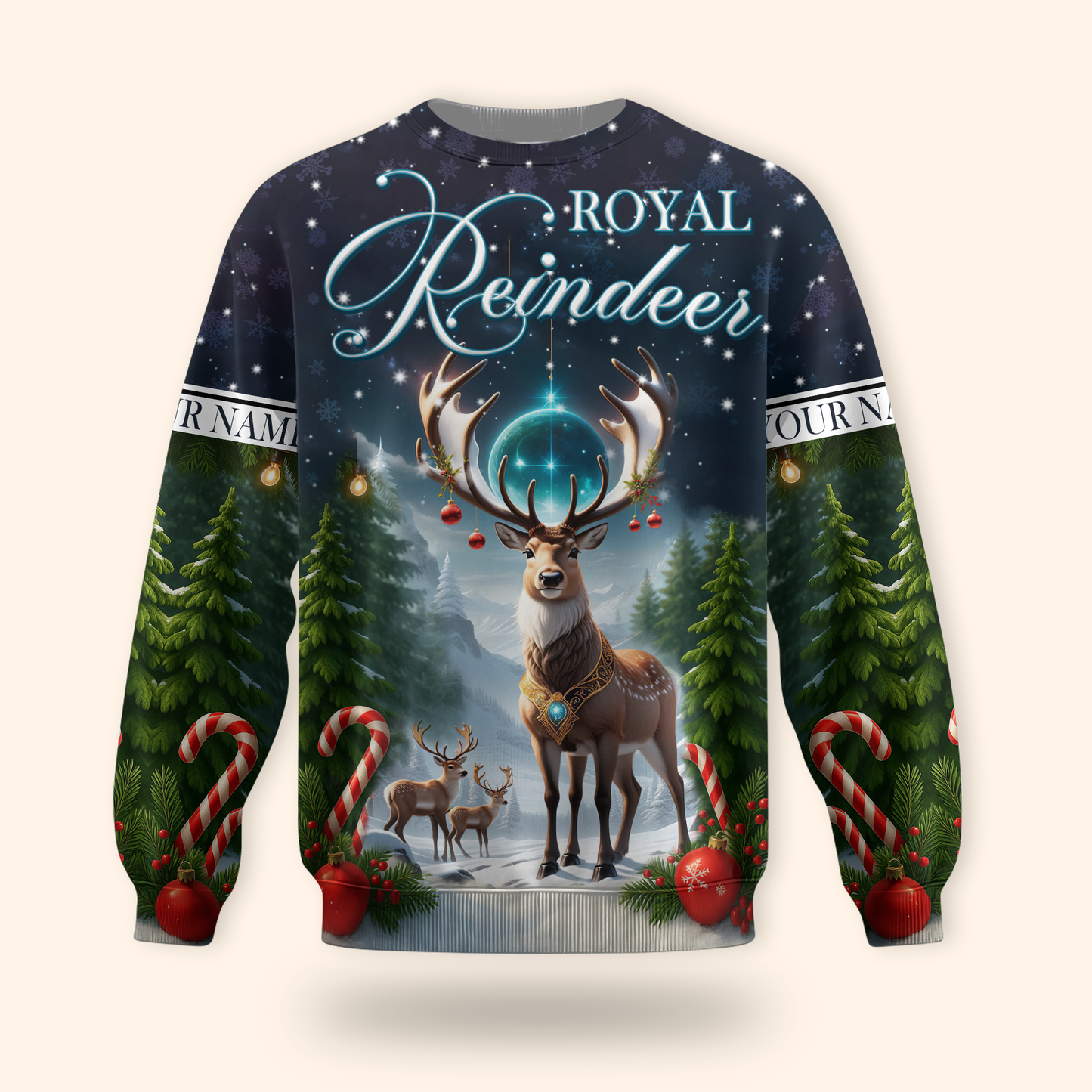 Royal Reindeer Christmas Hoodie – Elegant Winter Wonderland Zip Up