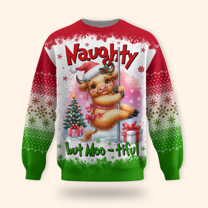 Funny Cow Christmas Hoodie – Naughty but Moo-tiful, Cute Farm Animal Holiday Zip Up Sweater