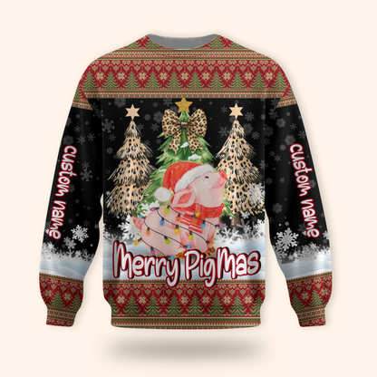 Merry PigMas Hoodie – Cute Pig Christmas Zip Up, Custom Name Funny Holiday Hoodie