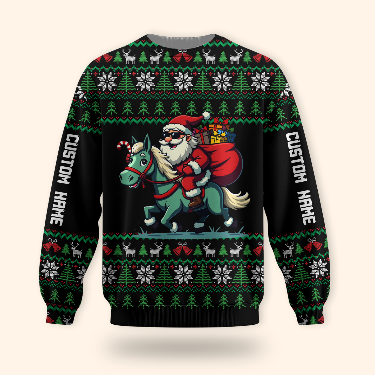 Funny Santa Riding Horse Hoodie – Custom Name Christmas Zip Up, Ugly Sweater Style, Holiday Hoodie for Horse Lovers