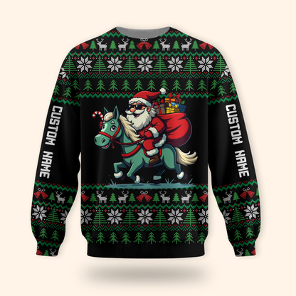 Funny Santa Riding Horse Hoodie – Custom Name Christmas Zip Up, Ugly Sweater Style, Holiday Hoodie for Horse Lovers