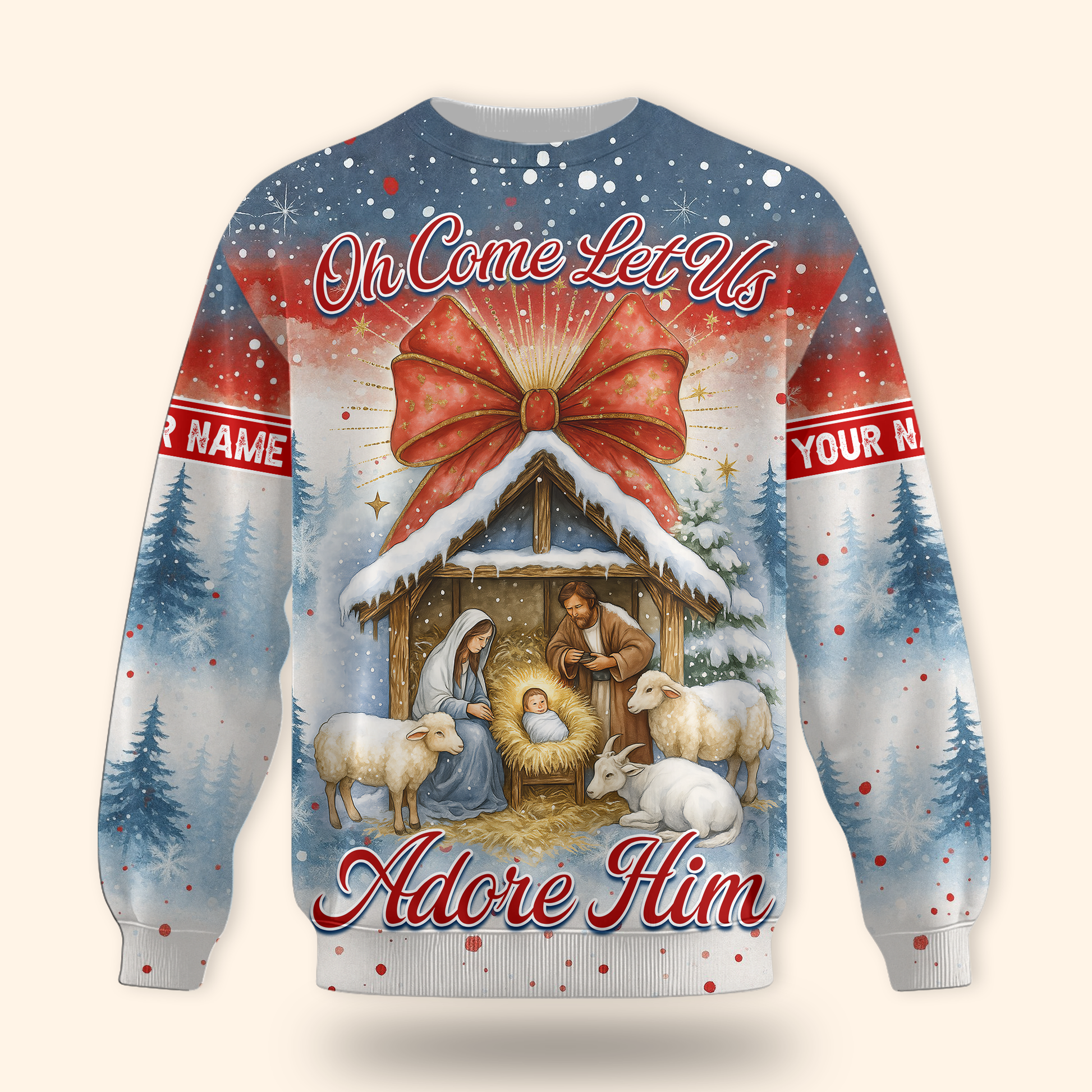 Christian Christmas Hoodie – Oh Come Let Us Adore Him Nativity Scene, Personalized Holiday Zip Up, Custom Choo