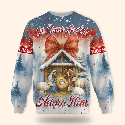 Christian Christmas Hoodie – Oh Come Let Us Adore Him Nativity Scene, Personalized Holiday Zip Up, Custom Choo