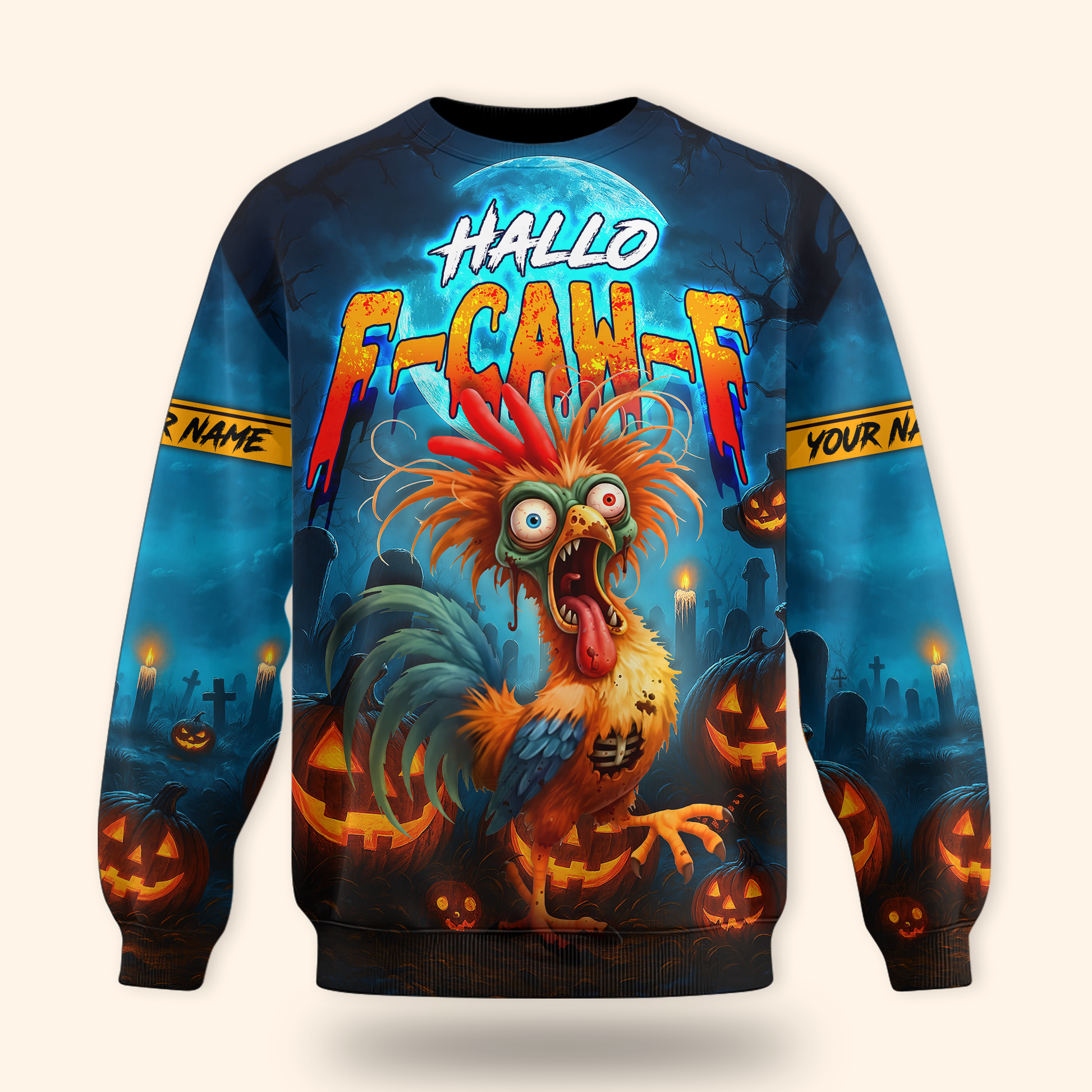Funny Chicken Halloween Hoodie – Hallo F-Caw-F Scared Rooster – Custom Name Zip Up Hoodie, Custom Choo