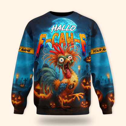 Funny Chicken Halloween Hoodie – Hallo F-Caw-F Scared Rooster – Custom Name Zip Up Hoodie, Custom Choo