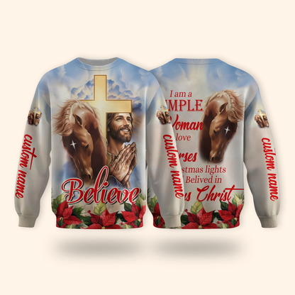 Christian Hoodie – I’m a Simple Woman Who Loves Horses and Jesus, Believe Zip Up, Christmas Faith Apparel