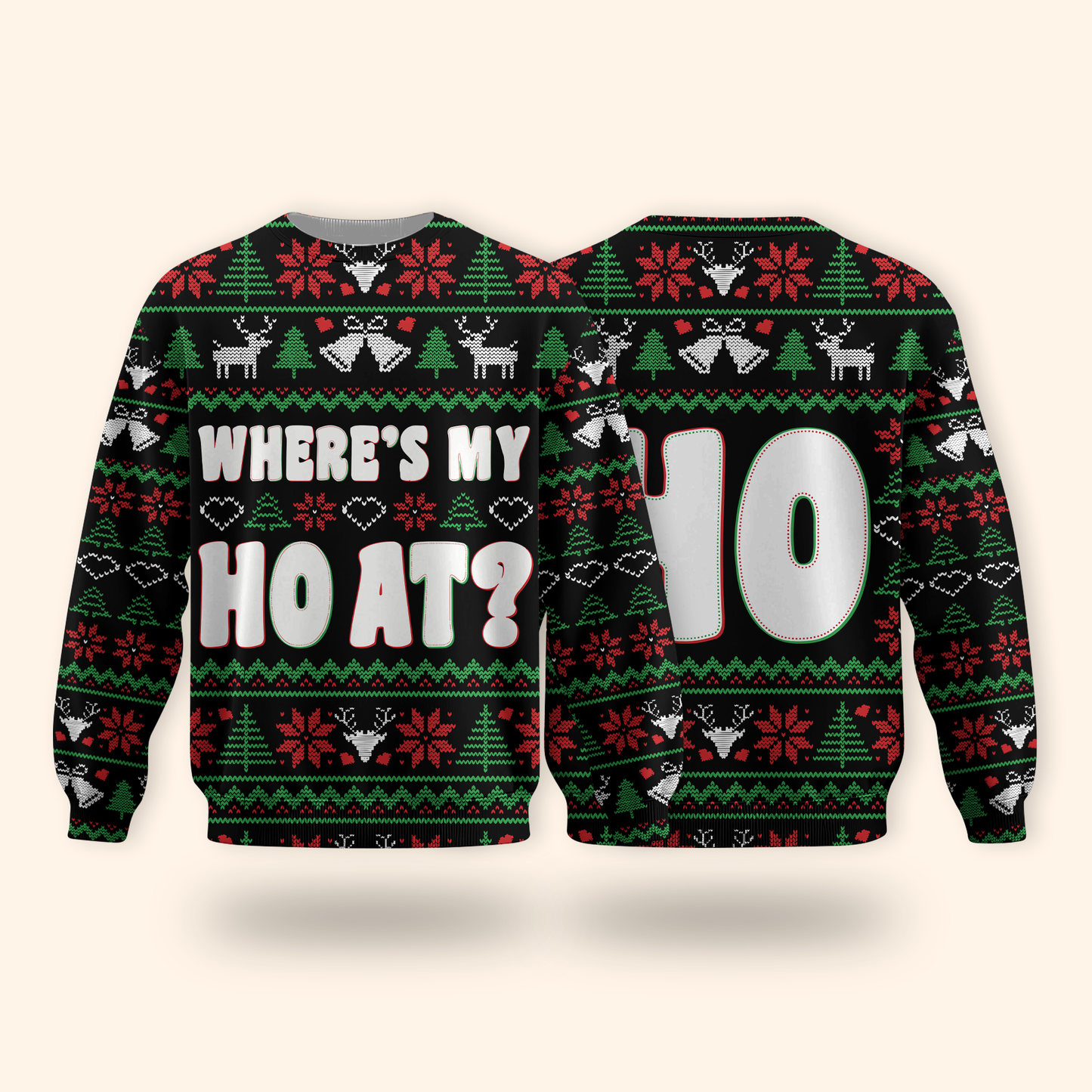 Funny Christmas Hoodie – Where’s My Ho At, Ugly Sweater Style Zip Up, Holiday Party Hoodie Gift for Men Women