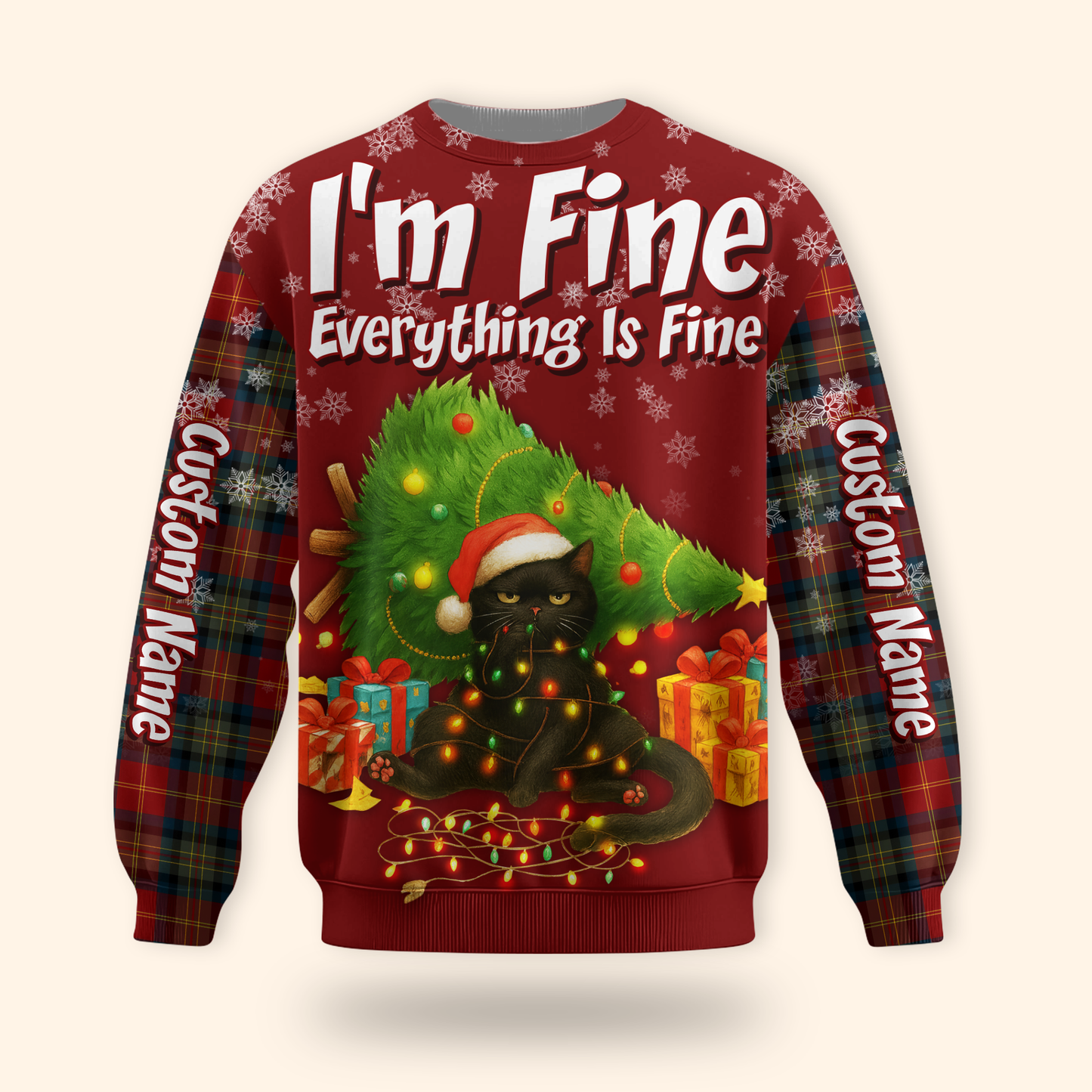 Funny Christmas Cat Hoodie – I’m Fine Everything Is Fine, Personalized Name Holiday Sweatshirt