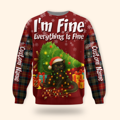 Funny Christmas Cat Hoodie – I’m Fine Everything Is Fine, Personalized Name Holiday Sweatshirt