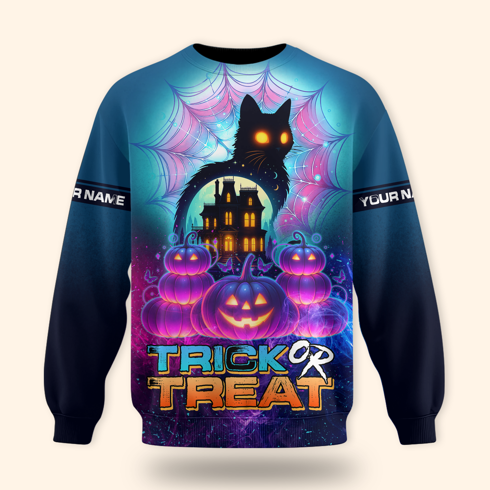 Personalized Trick or Treat Hoodie – Haunted House Black Cat Halloween Zip Up, Custom Choo