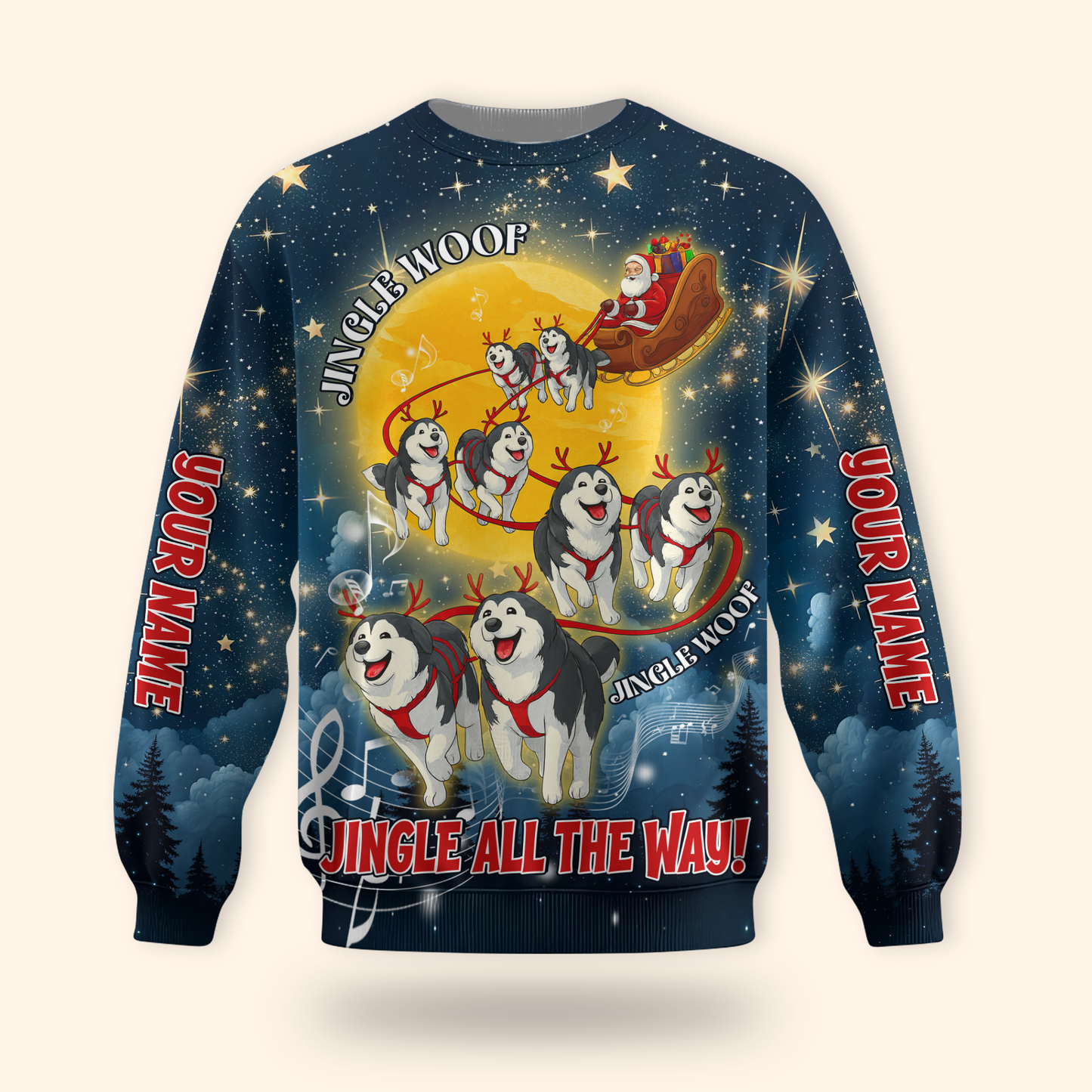 Custom Name Jingle Woof Hoodie – Husky Christmas Zip Up, Funny Santa Dog Hoodie, Holiday Sweatshirt