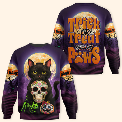 Trick or Treat Smell My Paws Hoodie – Halloween Black Cat & Sugar Skull, Custom Name Zip Up, Custom Choo