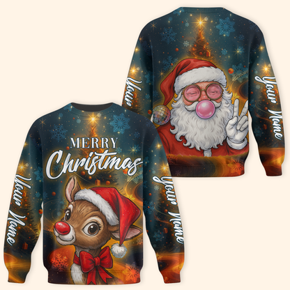 Personalized Merry Christmas Hoodie – Cute Santa & Reindeer Zip Up, Custom Name Holiday Gift, Custom Choo