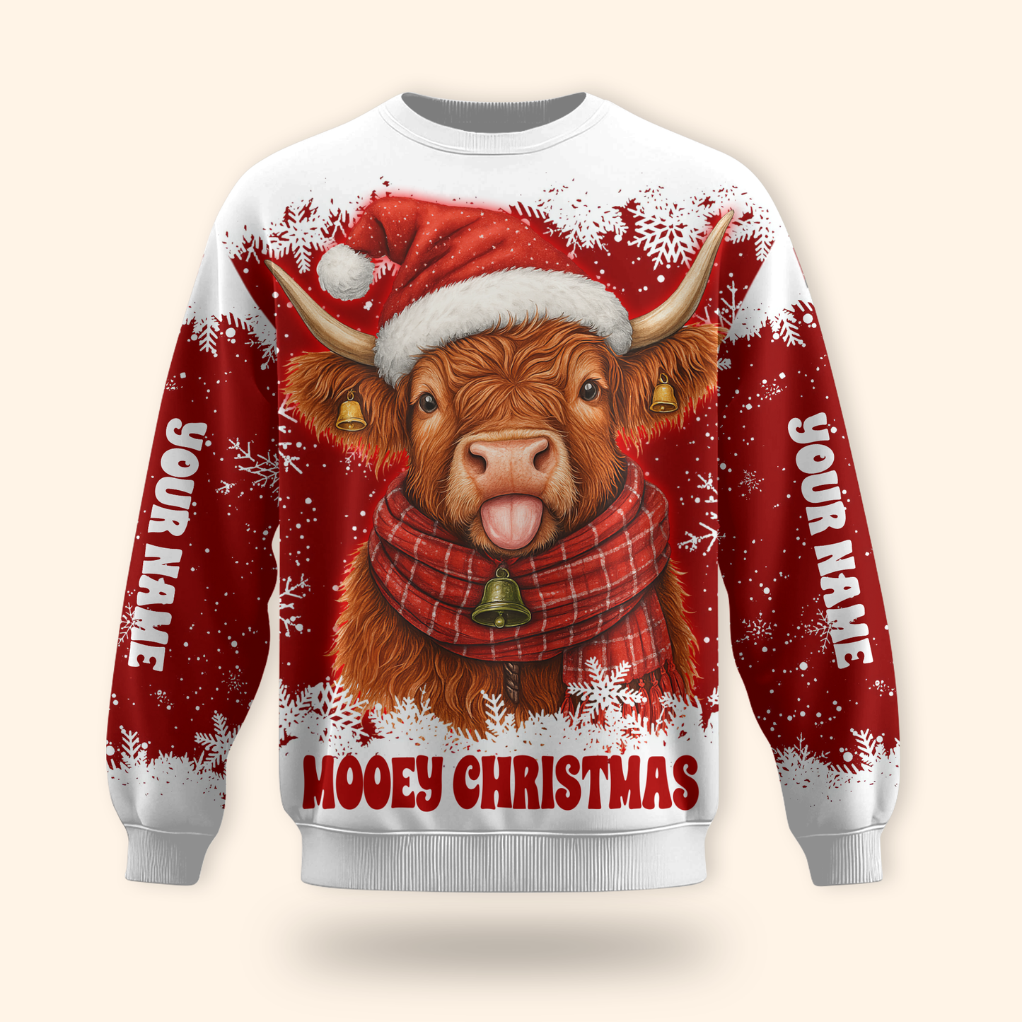 Custom Name Mooey Christmas Hoodie – Funny Highland Cow Zip Up, Red Holiday Hoodie Gift Idea