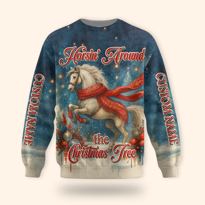 Horsin’ Around the Christmas Tree Hoodie – Funny Horse Lover Holiday Zip Up
