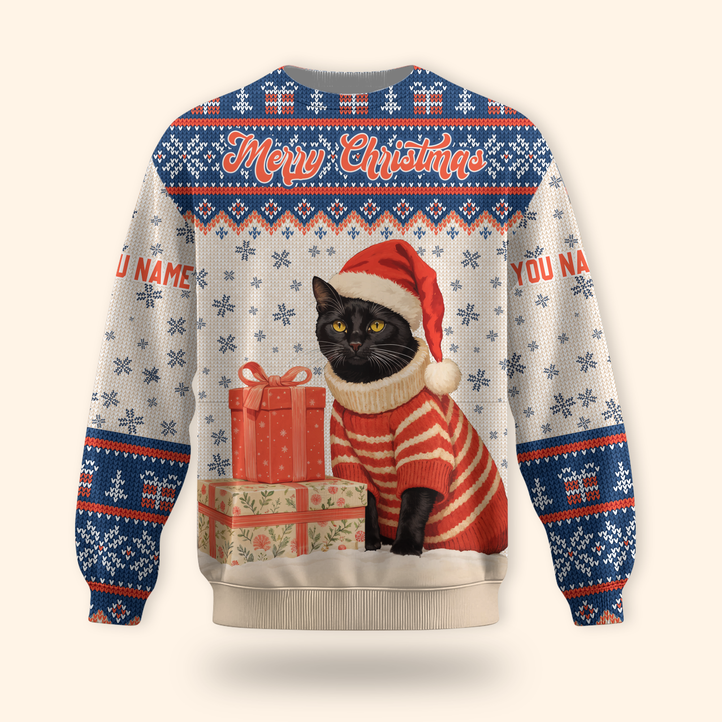 Black Cat Christmas Hoodie – Custom Name Santa Cat Zip Up