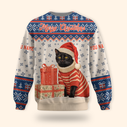 Black Cat Christmas Hoodie – Custom Name Santa Cat Zip Up