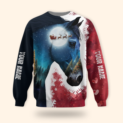 Personalized Horse Christmas Hoodie – Custom Name Zip Up, Winter Moonlight Horse & Santa Sleigh Sweatshirt Gift