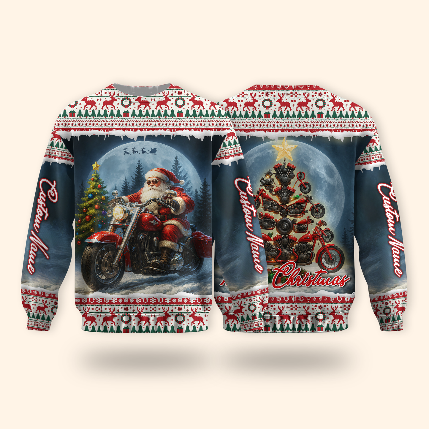 Santa Biker Christmas Hoodie – Custom Name Motorcycle Xmas Zip Up