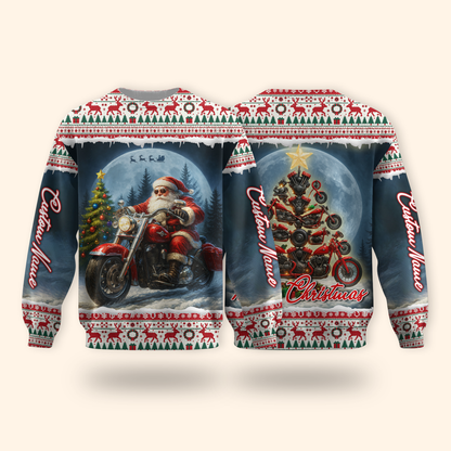 Santa Biker Christmas Hoodie – Custom Name Motorcycle Xmas Zip Up