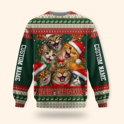 Christmas Cat Hoodie – Cute Cats in Santa Hats, Custom Name Zip Up, Funny Holiday Hoodie