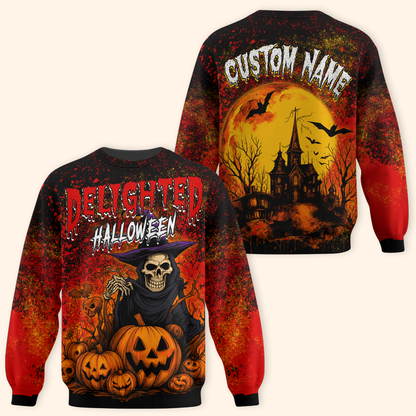 Delighted Halloween Hoodie – Grim Reaper Skeleton with Pumpkins – Custom Name Zip Up, Custom Choo