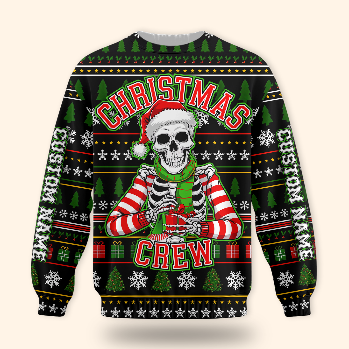 Funny Skeleton Christmas Hoodie – Custom Name Christmas Crew Zip Up