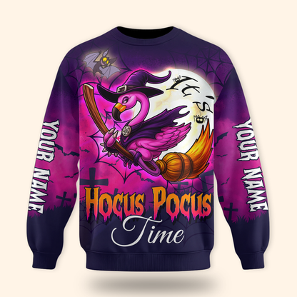 Personalized Hocus Pocus Hoodie – Flamingo Witch on Broom Halloween Zip Up, Custom Choo