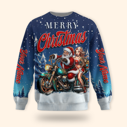Santa Biker Christmas Hoodie – Merry Christmas Motorcycle Hoodie, Personalized Name Gift