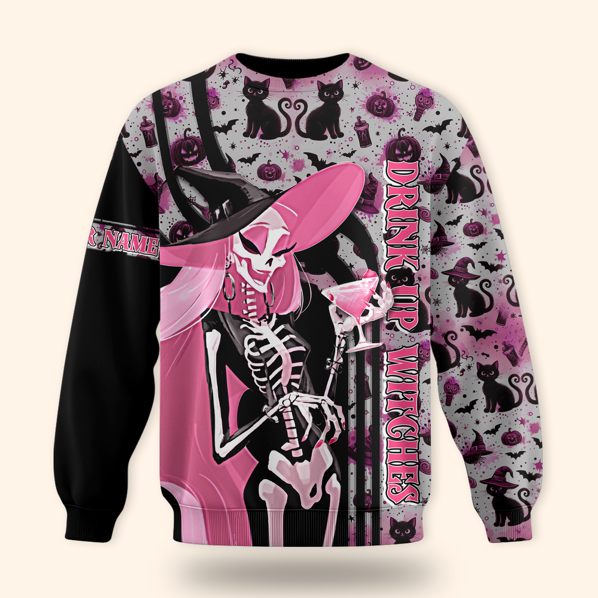 Personalized Halloween Hoodie – Drink Up Witches Pink Black Gothic Jacket, Custom Choo