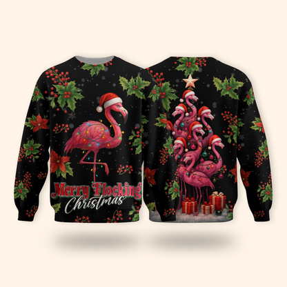 Merry Flocking Christmas Hoodie – Funny Flamingo Holiday Zip Up