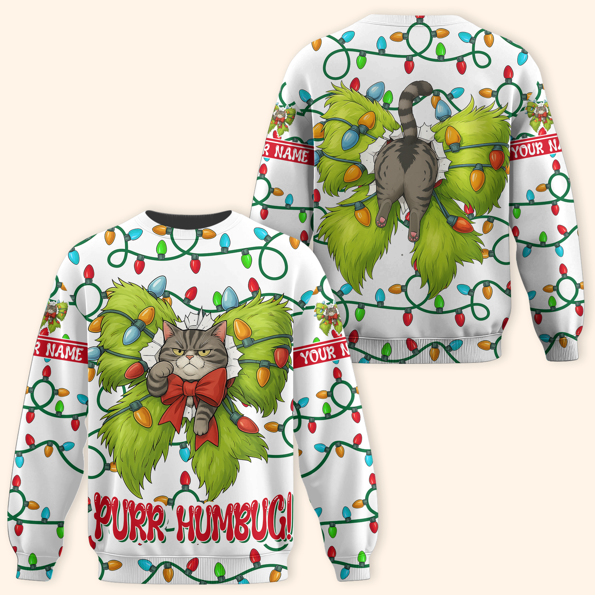 Funny Grinch Cat Christmas Hoodie – Purr Humbug Zip Up, Personalized Name Gift for Cat Lovers, Custom Choo