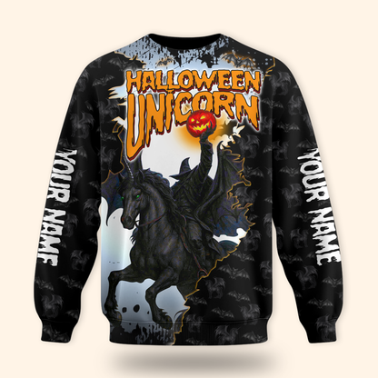 Halloween Unicorn Hoodie – Spooky Black Unicorn Zip Up Jacket, Custom Name Gift, Custom Choo