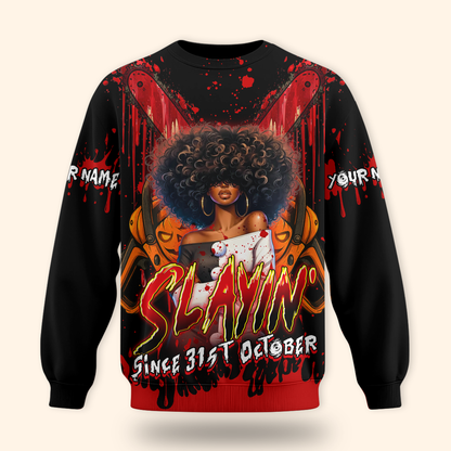 Slayin’ Since 31st October Hoodie – Custom Name Halloween Horror Afro Girl Jacket, Custom Choo
