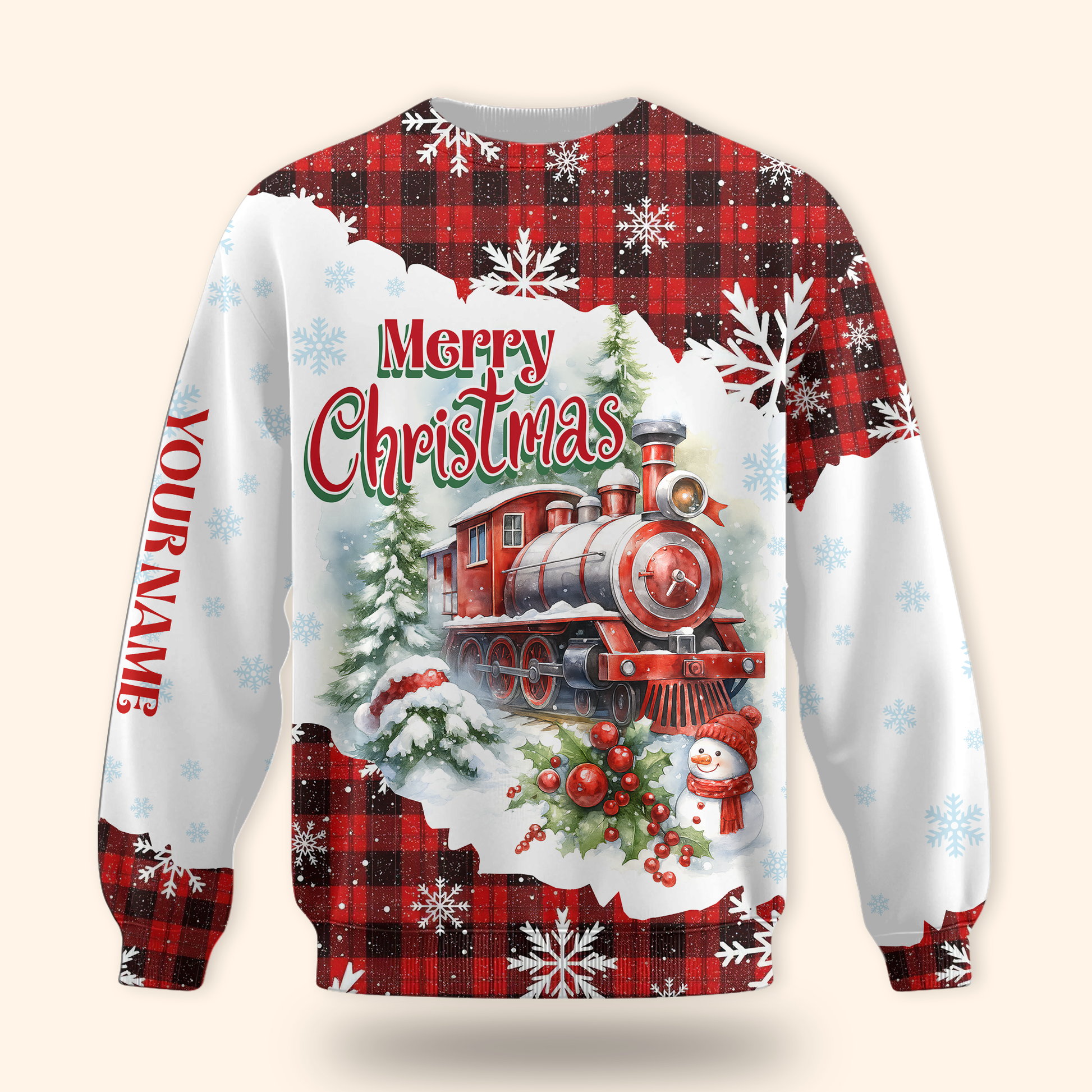 Christmas Train Hoodie – Vintage Steam Engine Design, Custom Name Plaid Holiday Zip Up, Custom Choo