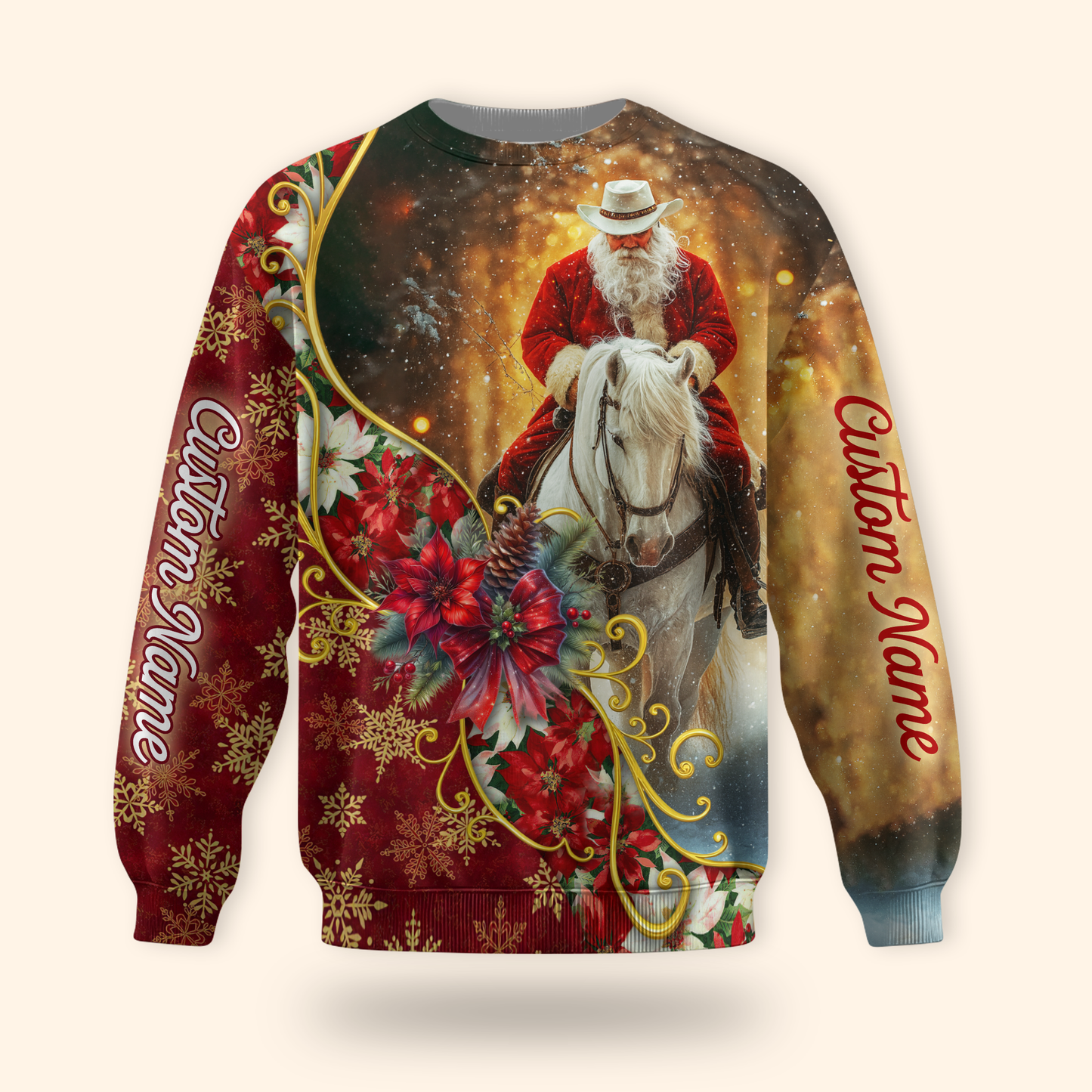 Santa Riding Horse Hoodie – Western Cowboy Christmas Zip Up, Custom Name Holiday Hoodie for Horse Lovers