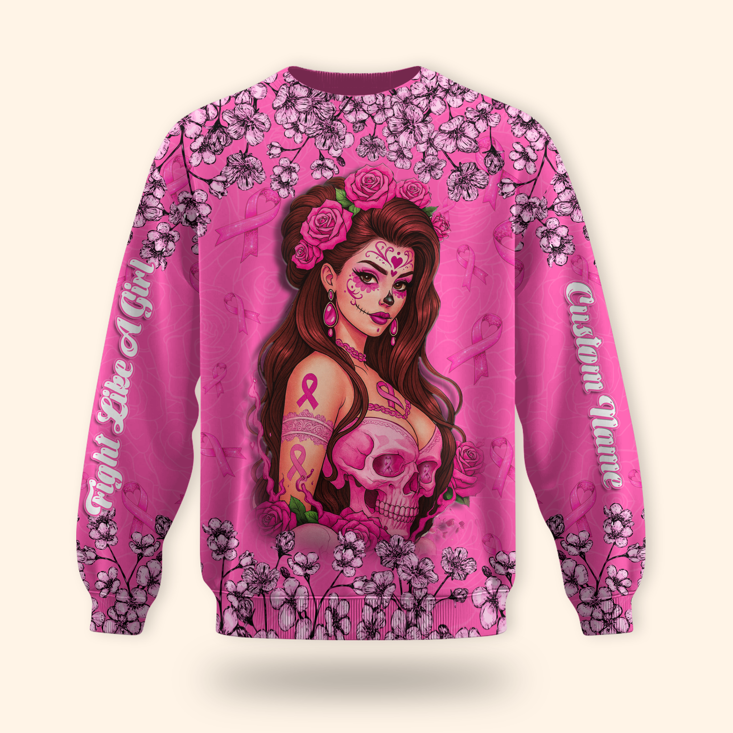 Fight Like A Girl Skull Floral - Breast Cancer Awareness Shirt