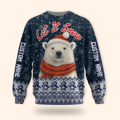 Let It Snow Hoodie – Cute Polar Bear Christmas Hoodie, Personalized Name Winter Gift