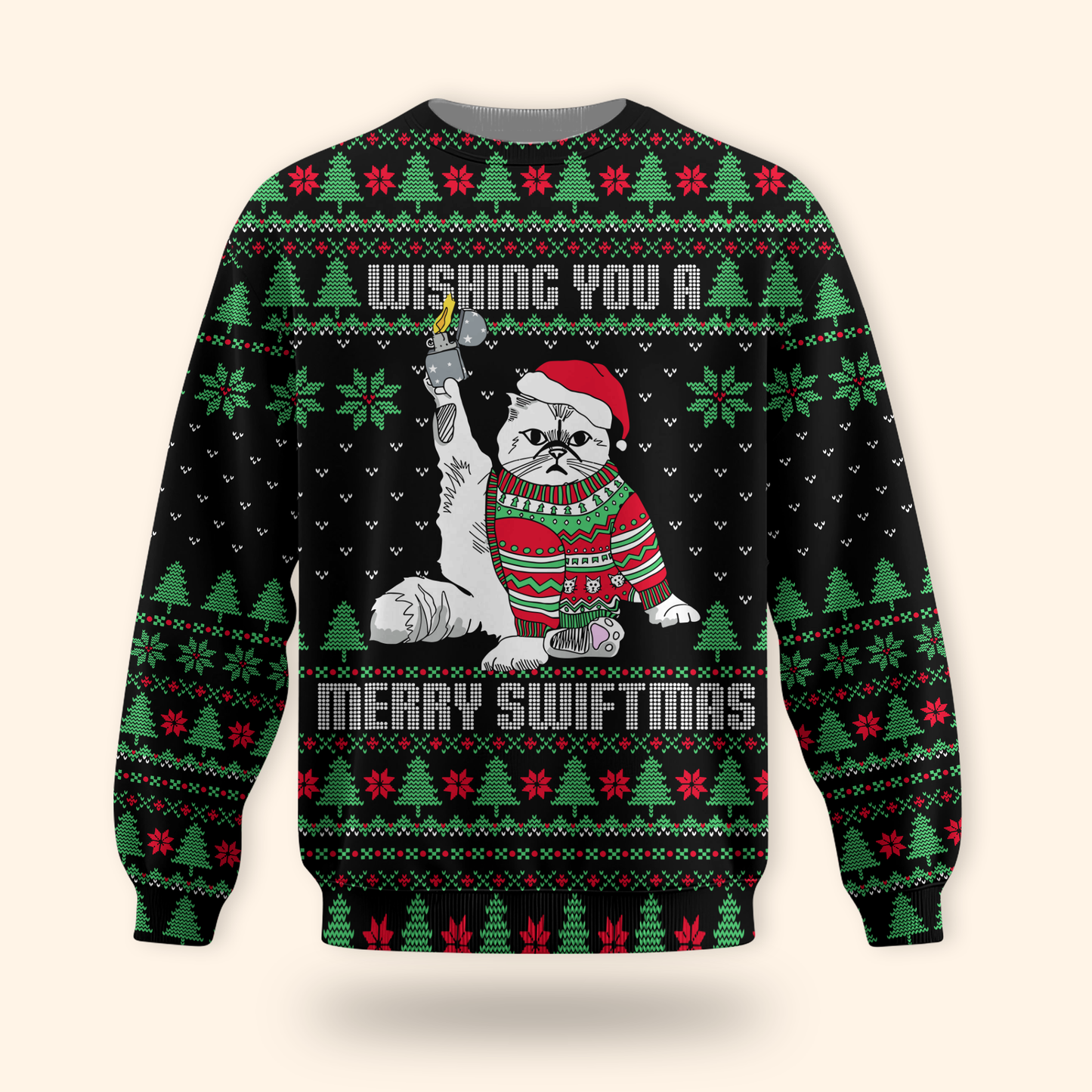 Funny Cat Christmas Hoodie – Wishing You a Merry Swiftmas, Ugly Sweater Style Zip Up, Holiday Hoodie for Cat Lovers