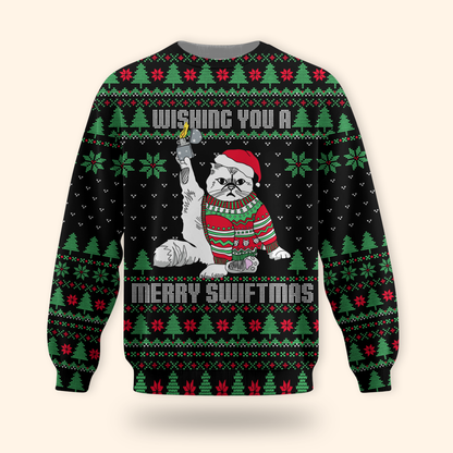 Funny Cat Christmas Hoodie – Wishing You a Merry Swiftmas, Ugly Sweater Style Zip Up, Holiday Hoodie for Cat Lovers