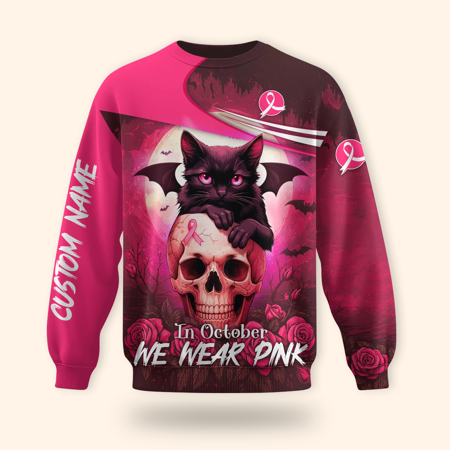 Custom Name "In October We Wear Pink" Black Cat Skull - Breast Cancer Awareness Shirt